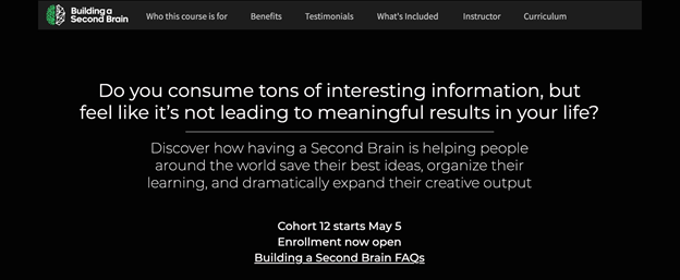 Building a Second Brain management course homepage.