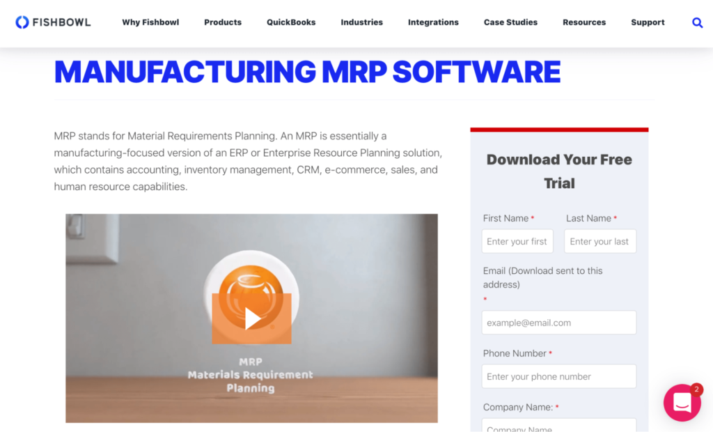 Fishbowl MRP software homepage.