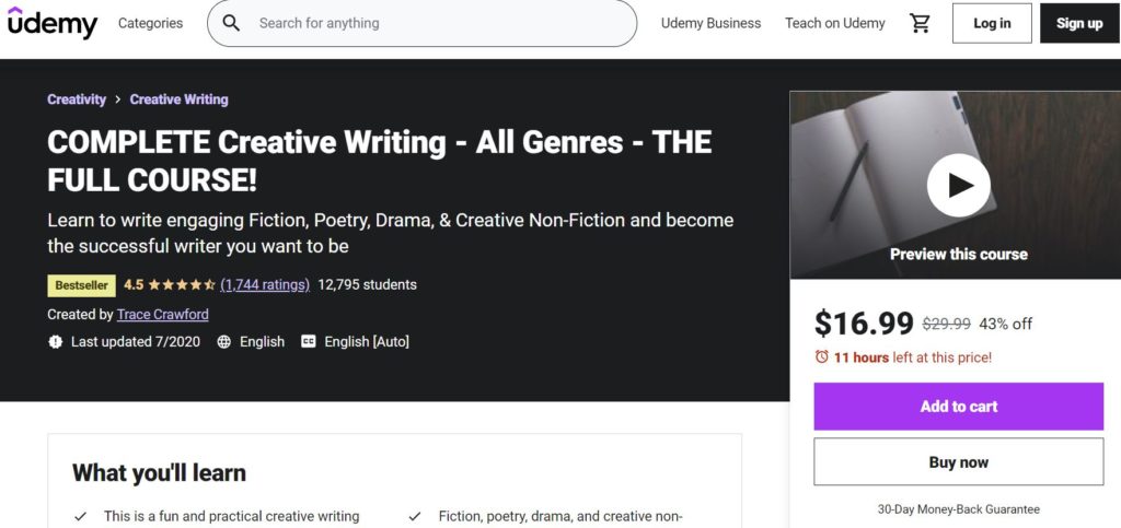 Udemy: Complete creative writing signup page.