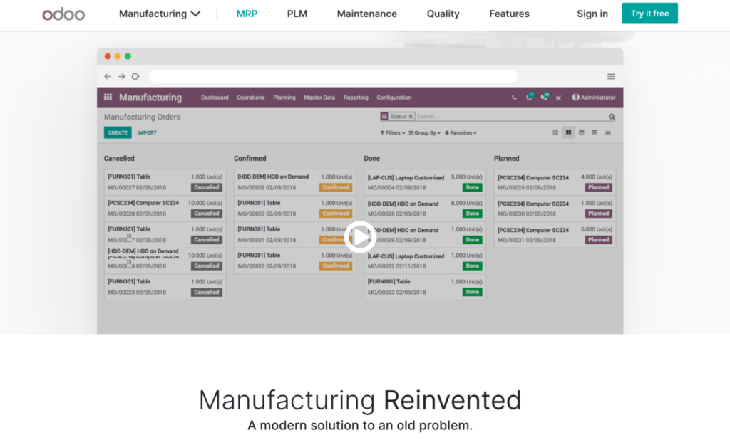 Odoo MRP software manufacturing orders example.