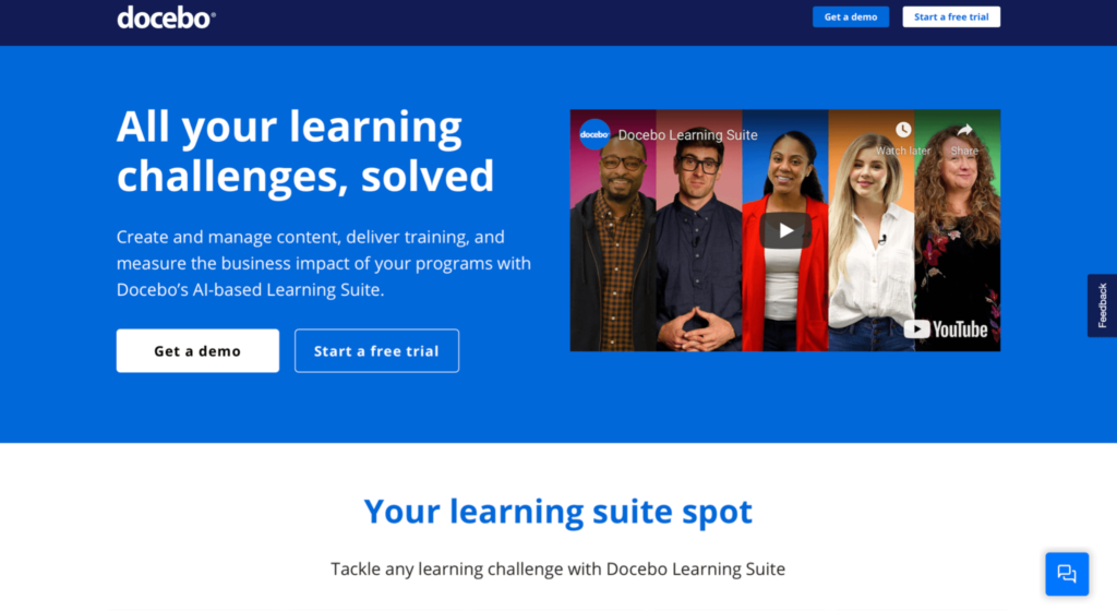 Docebo learning management system software homepage.