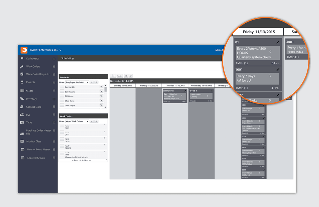 eMaint CMMS facility management software work order workflow and schedule update example.