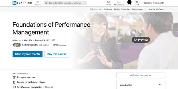 LinkedIn Learning - Foundations of Performance Management signup homepage.