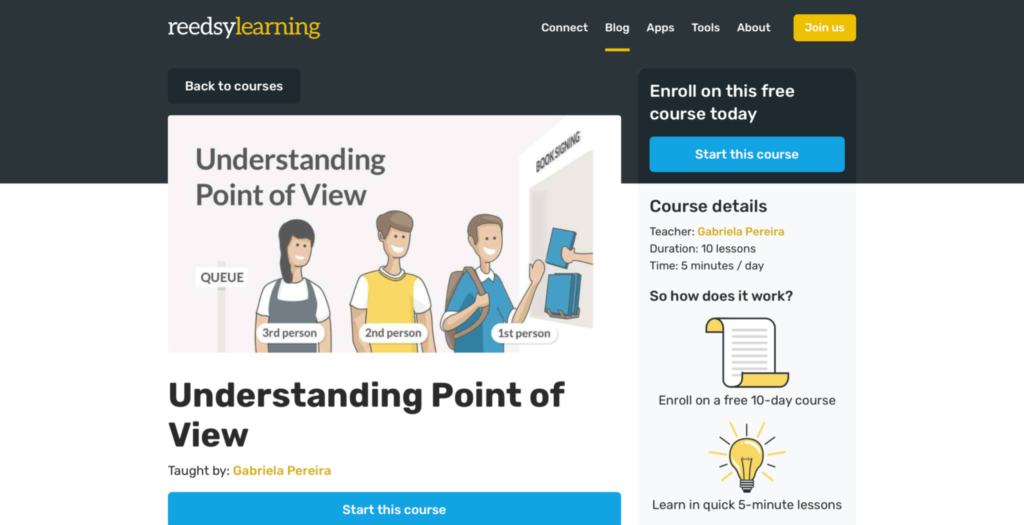 Reedsy Learning: understanding point of view signup page.