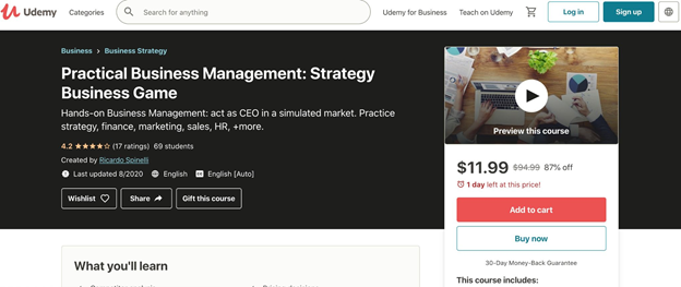 Udemy - Practical Business Management: Strategy Business Game course signup page.