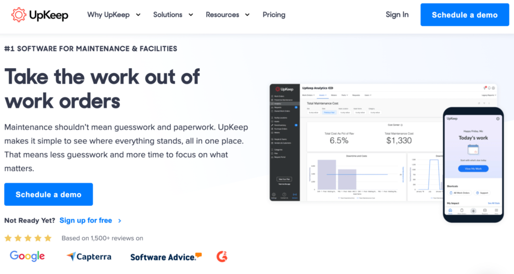UpKeep facility management software homepage.