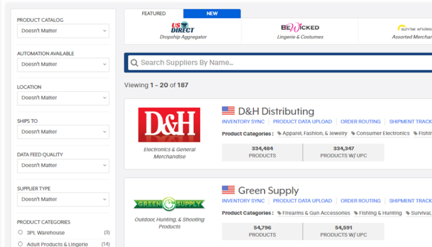 Screenshot of Inventory Source dashboard showing pre-built supplier integrations
