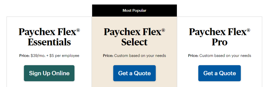 Paychex pricing page, shows Paychex packages