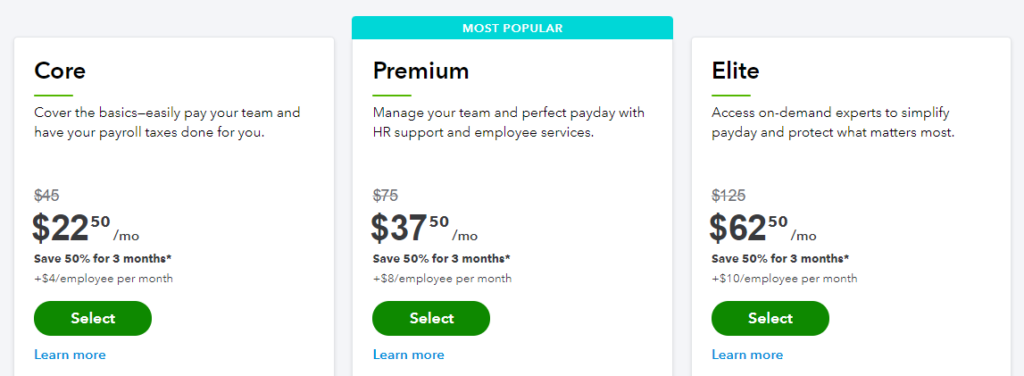 Screenshot of QuickBooks pricing options