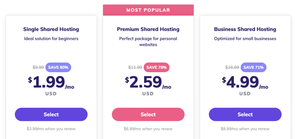 Hostinger pricing page