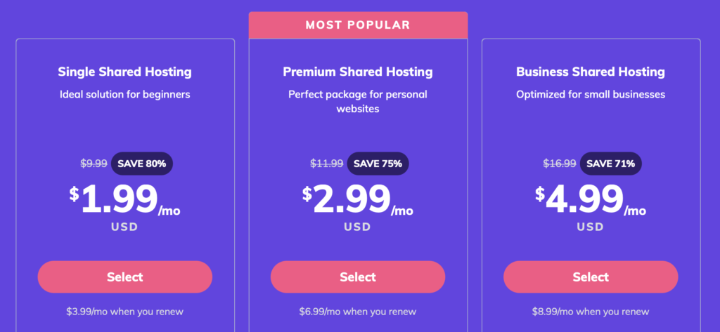 Hostinger pricing page