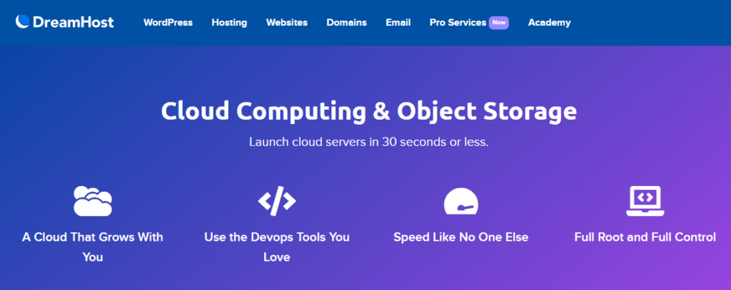DreamHost landing page for cloud web hosting