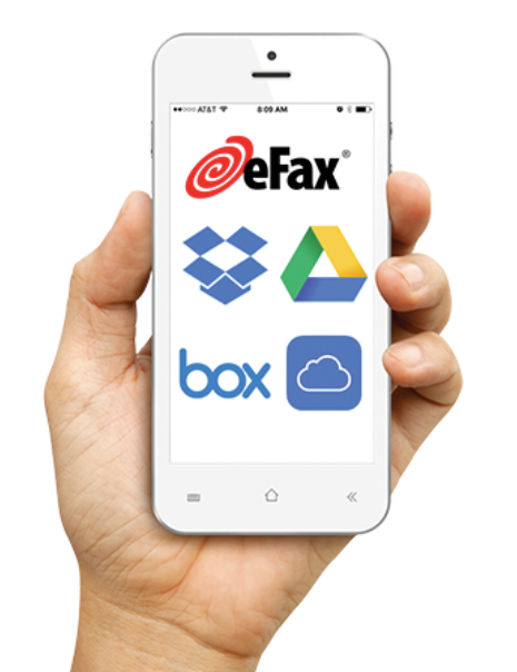 Cloud storage integrations with eFax shown on a mobile phone