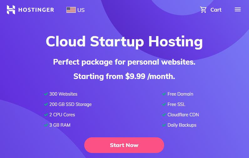 Hostinger landing page for cloud web hosting