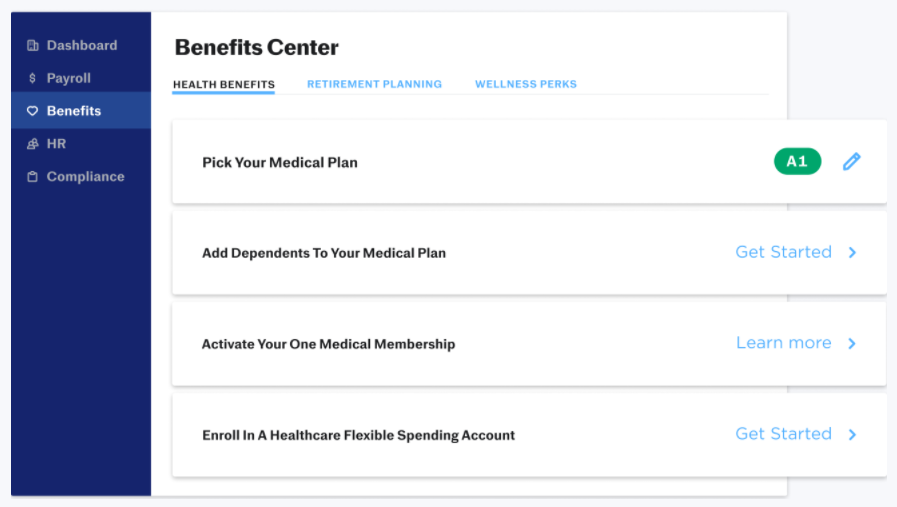 Benefits dashboard in Justworks PEO service