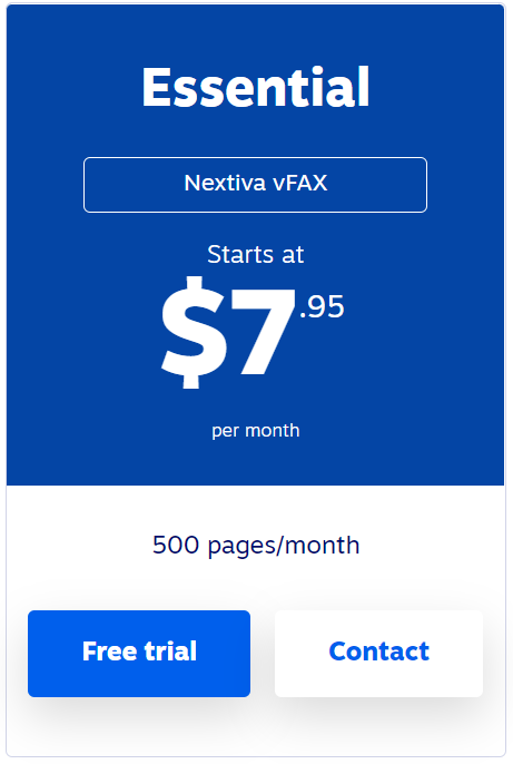 Nextiva vFax Essentials plan advertising 500 pages/month for $7.99 per month.