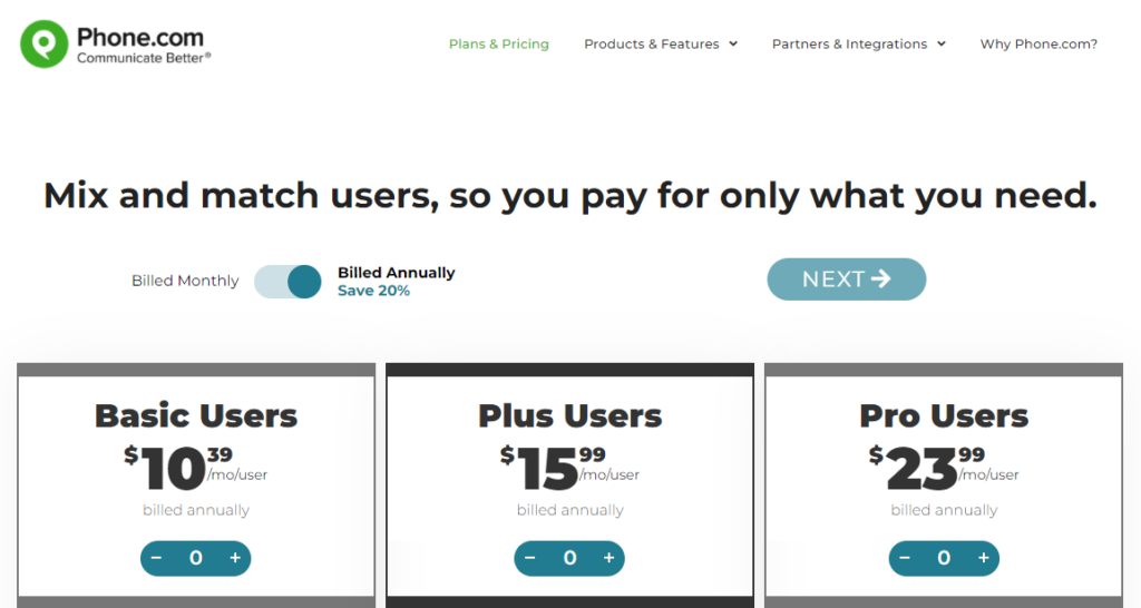 Phone.com pricing page