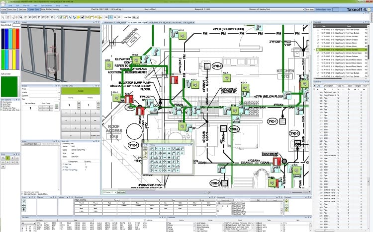 QuoteSoft construction estimating software pipes and parts tracking view.