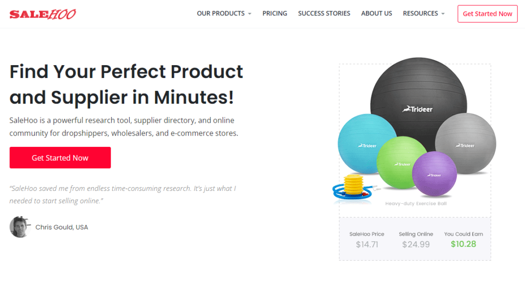 Salehoo landing page, advertises the ability to find your perfect product and supplier in minutes.