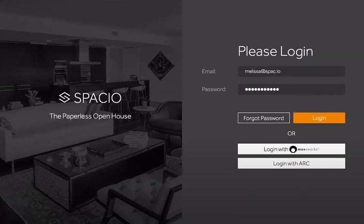 Spacio real estate software login screen.