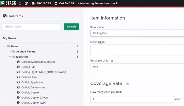 Stack construction estimating software find item page.