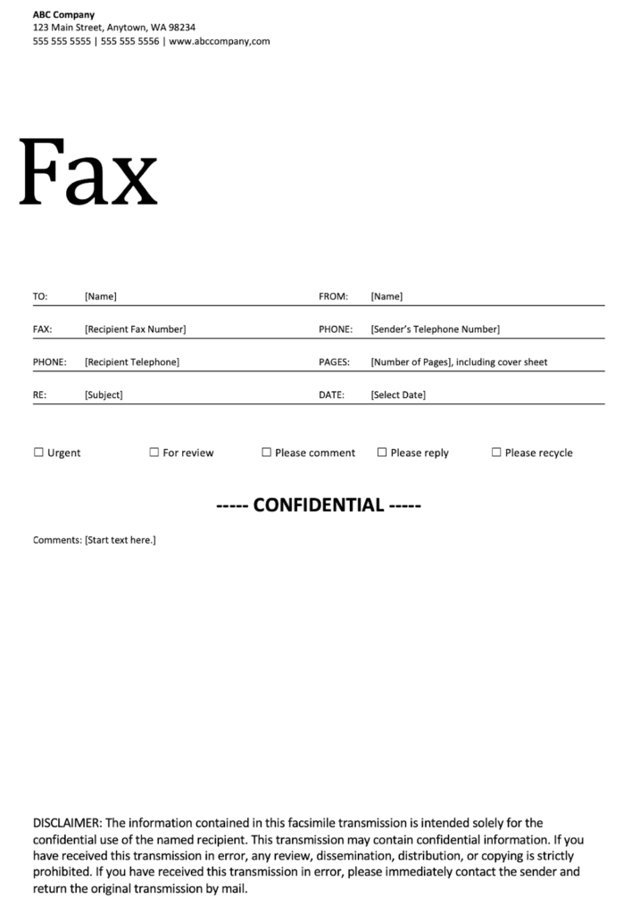 Example of a fax cover sheet with a confidentiality clause at the bottom