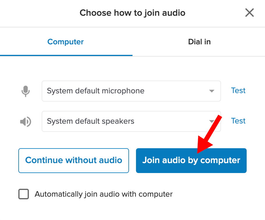 RingCentral audio selection popup window with red arrow pointing to join audio by computer button
