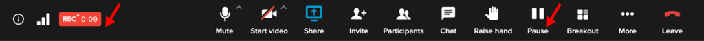 RingCentral video call menu with red arrow pointing to pause button and red arrow pointing to recording timer screen
