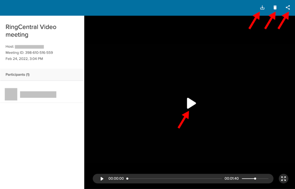 RingCentral video recording popup window with red arrow pointing to play button, red arrow pointing to download icon, red arrow pointing to trash can icon, and red arrow pointing to share icon