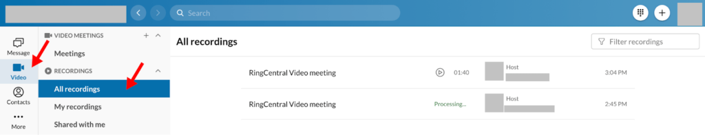RingCentral home page screen with red arrow pointing to video menu selection and red arrow pointing to all recordings sub menu choice