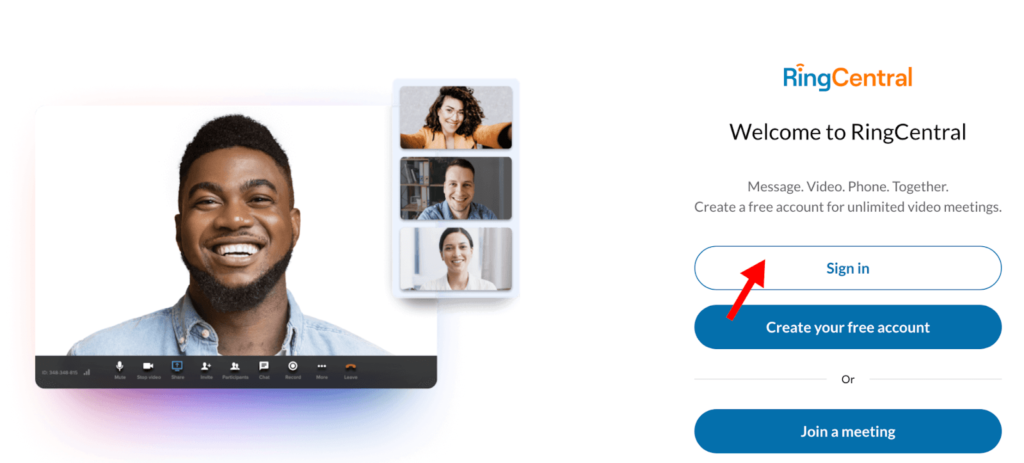 RingCentral screen with red arrow pointing to sign-in button