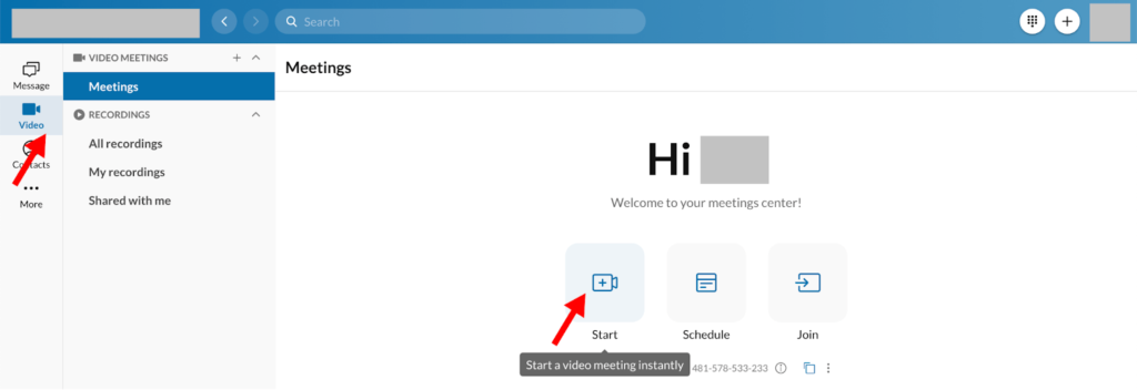 RingCentral home screen with red arrow pointing to video menu option and another red arrow pointing to start button