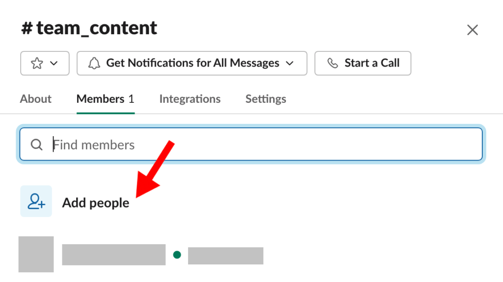 Slack channel members pop up window with red arrow pointing to add people option