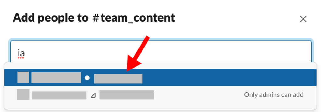 Slack add people to channel pop up window with red arrow pointing to name in list