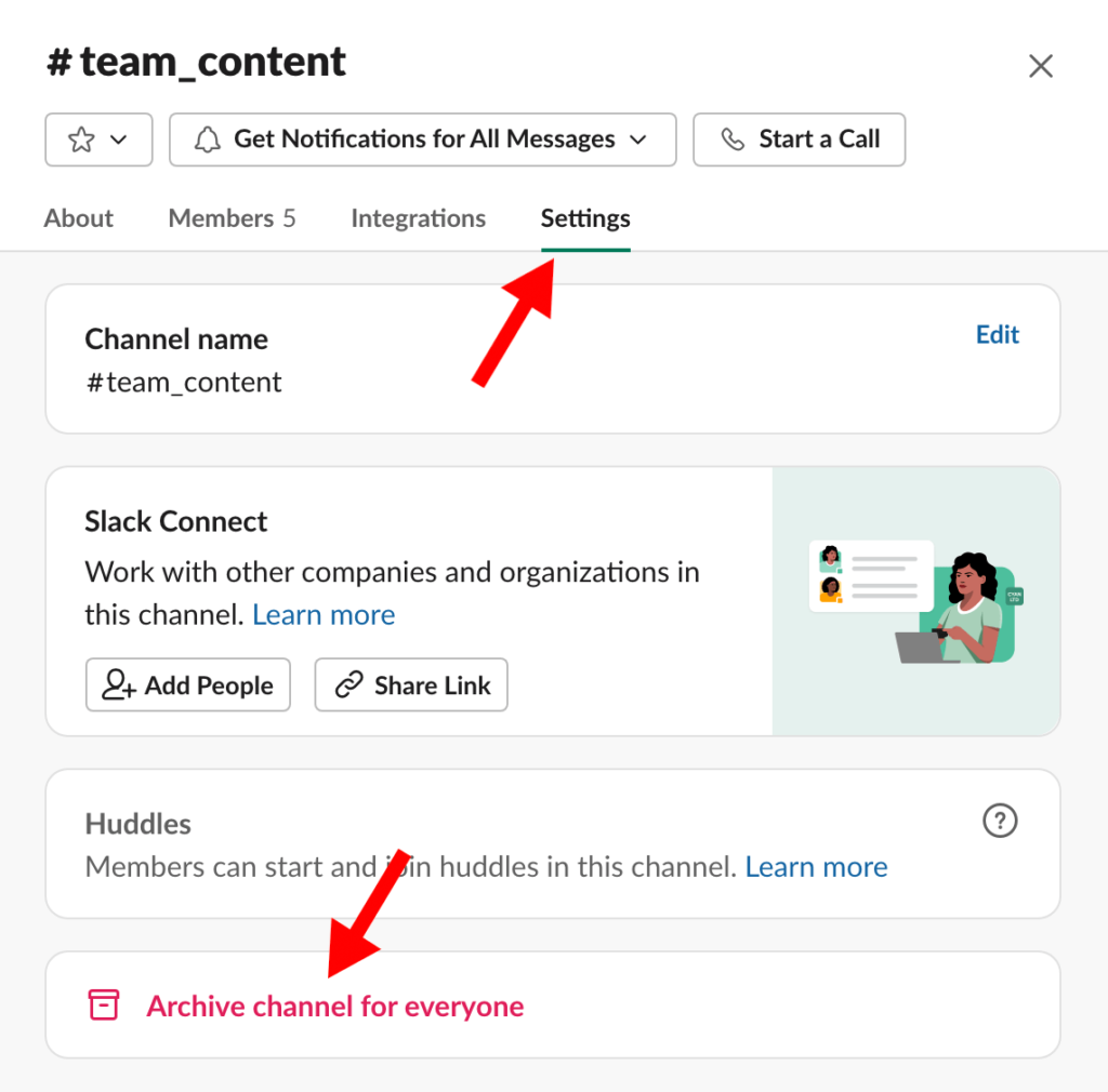 Slack channel settings pop up window with red arrow pointing to settings option and red arrow pointing to archive channel for everyone option