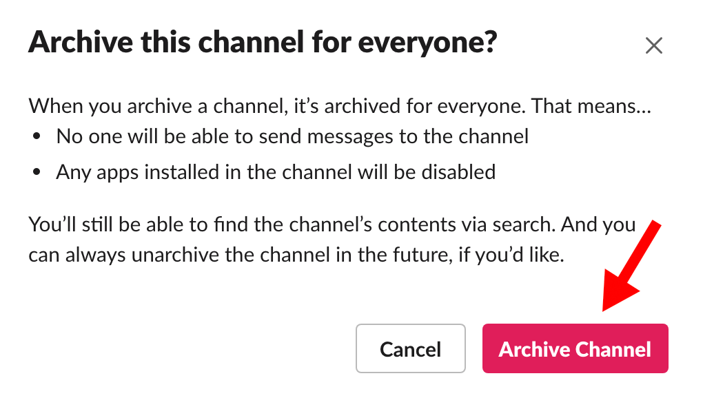 Slack archive confirmation screen with red arrow pointing to archive channel button