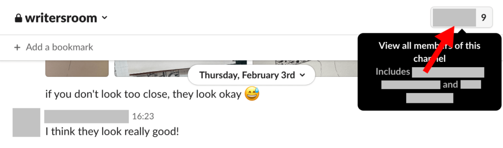 Slack channel header with red arrow pointing to cluster of member images in upper right corner