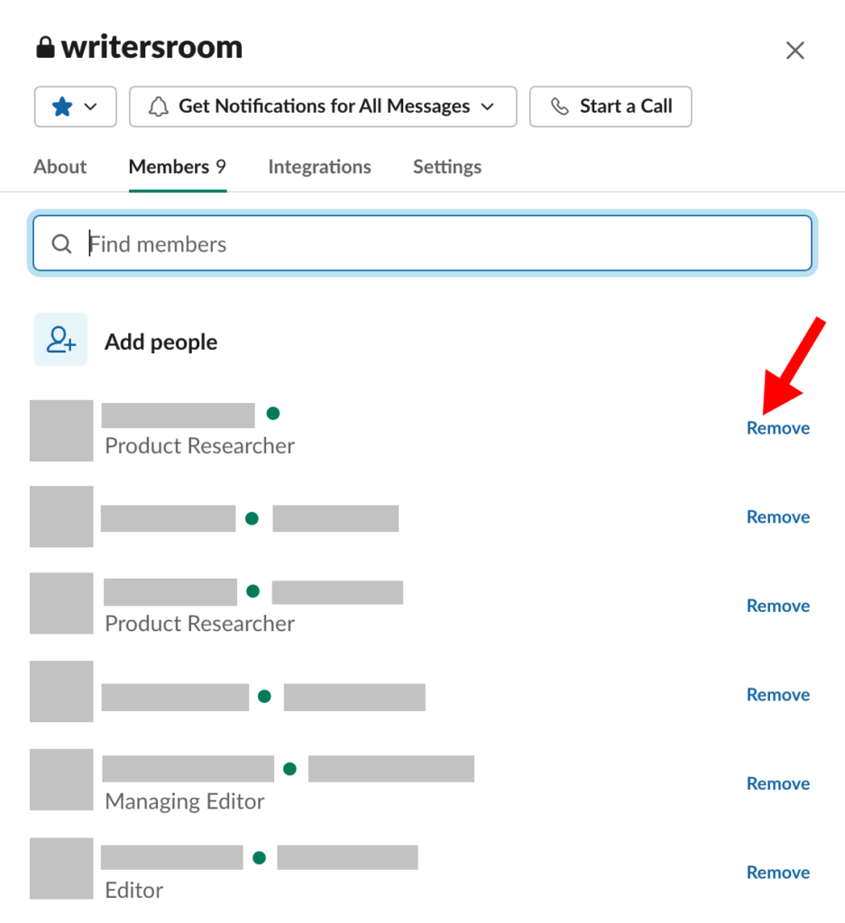 Slack channel member list pop up window with red arrow pointing to the remove option next to a member's name