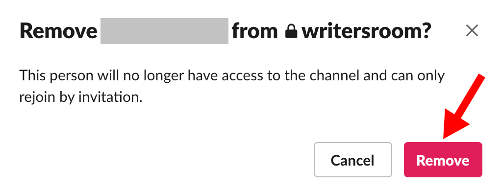 Slack remove member from channel confirmation screen with red arrow pointing to remove button