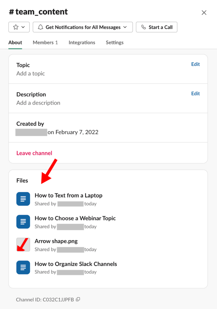 Slack channel information pop up window with red arrow pointing to files section