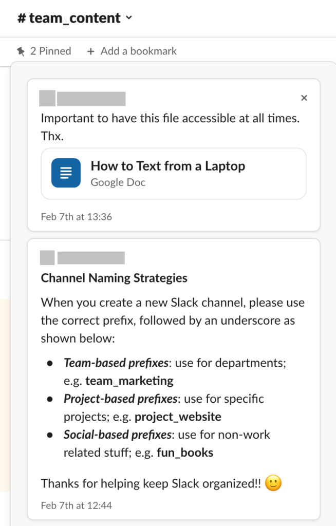 Slack pinned message pop up window showing two pinned messages