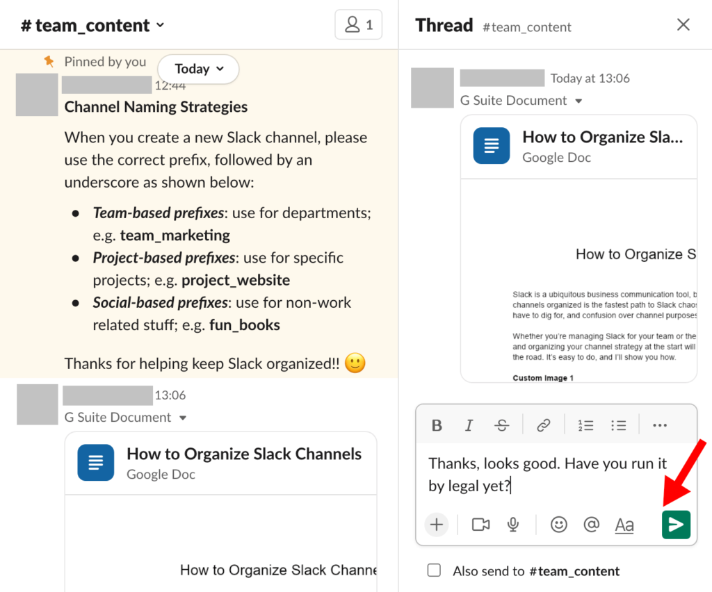 Slack reply in thread sidebar with red arrow pointing to green send button