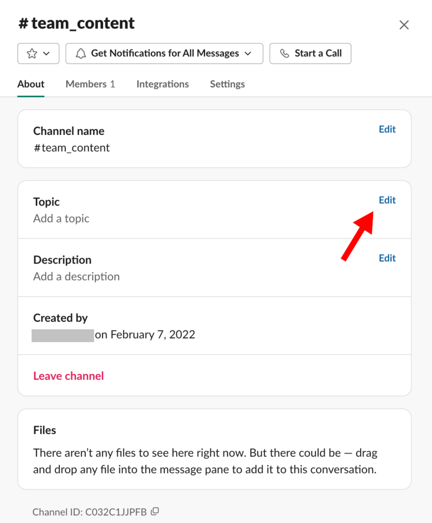 Slack channel information window with red arrow pointing to edit button for topic section