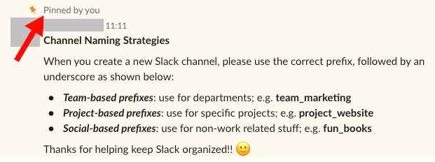 Slack message with red arrow pointing to section of screen that identifies who pinned the message