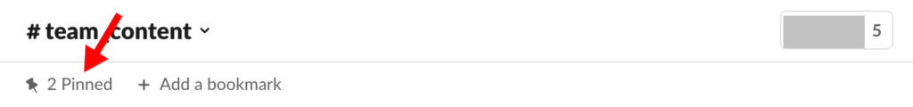 Slack channel header with red arrow pointing to number of pinned items which is two