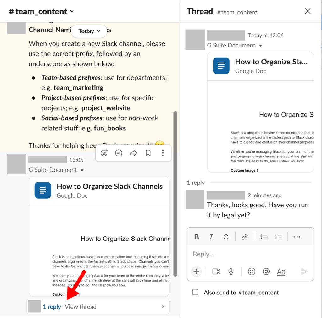 Slack message and thread sidebar window with red arrow pointing to link to view thread replies