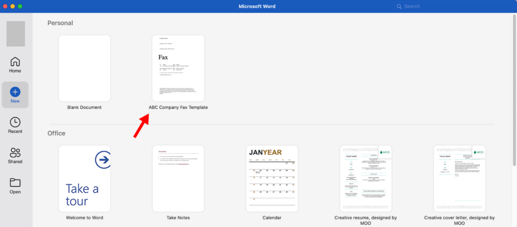 Microsoft Word new file window with red arrow pointing to ABC Company Fax Template that was created in the preceding steps