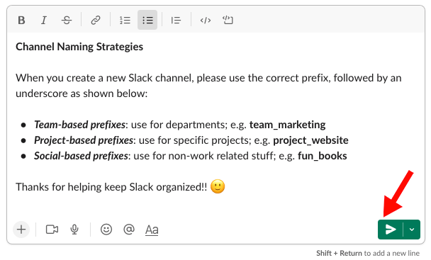 Example of a new Slack message listing channel naming strategies with red arrow pointing at enter button