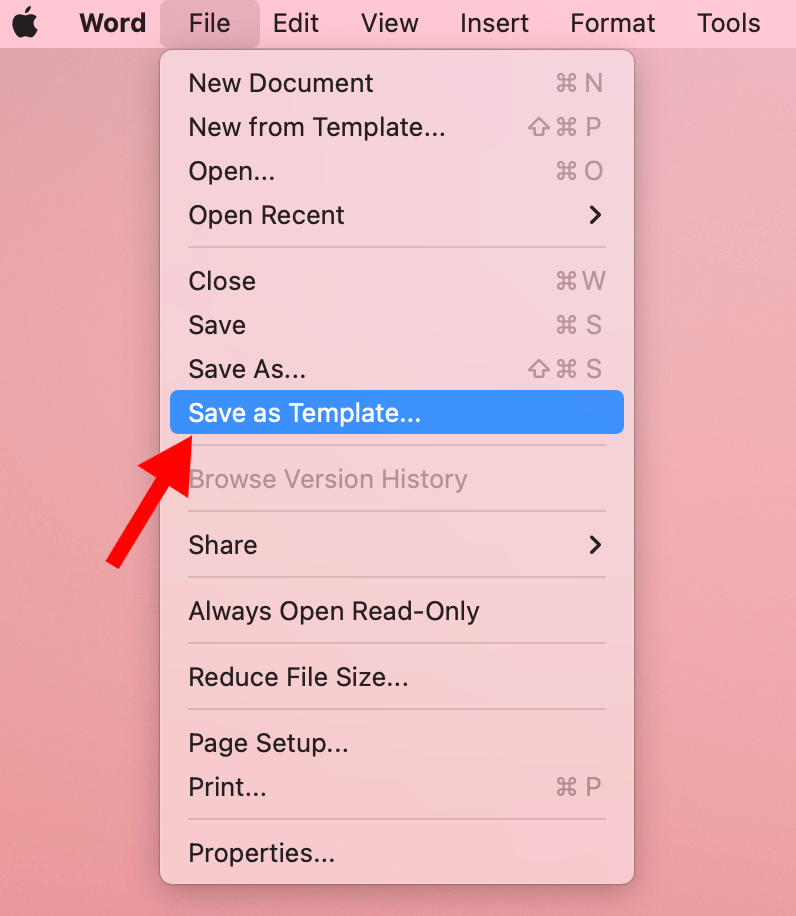 Image of Microsoft Word File menu with red arrow pointing to Save as Template menu option
