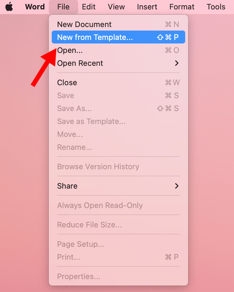 Image of Microsoft Word file menu with a red arrow pointing to the New From Template menu options